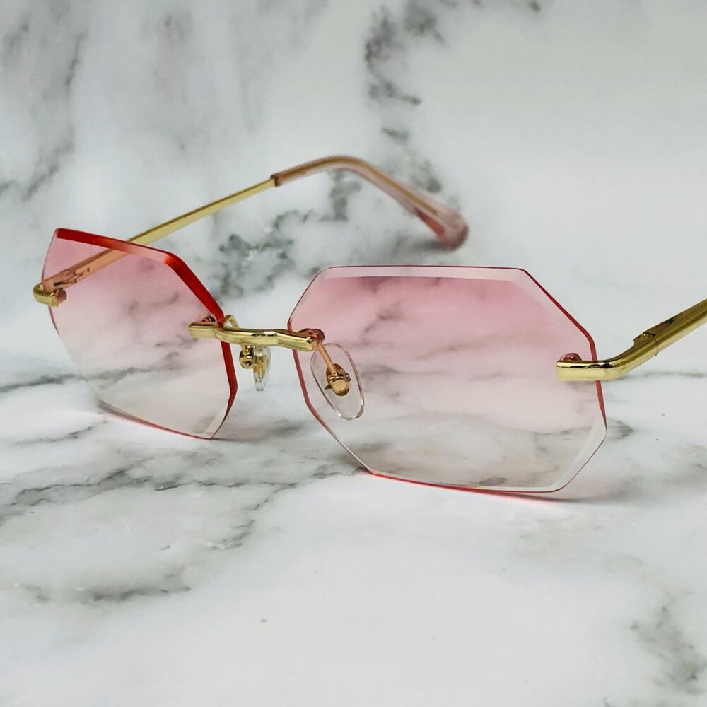 Men Women Sunglasses Pink Lens Rimless Luxury Retro Shades Gold Metal Lentes New
